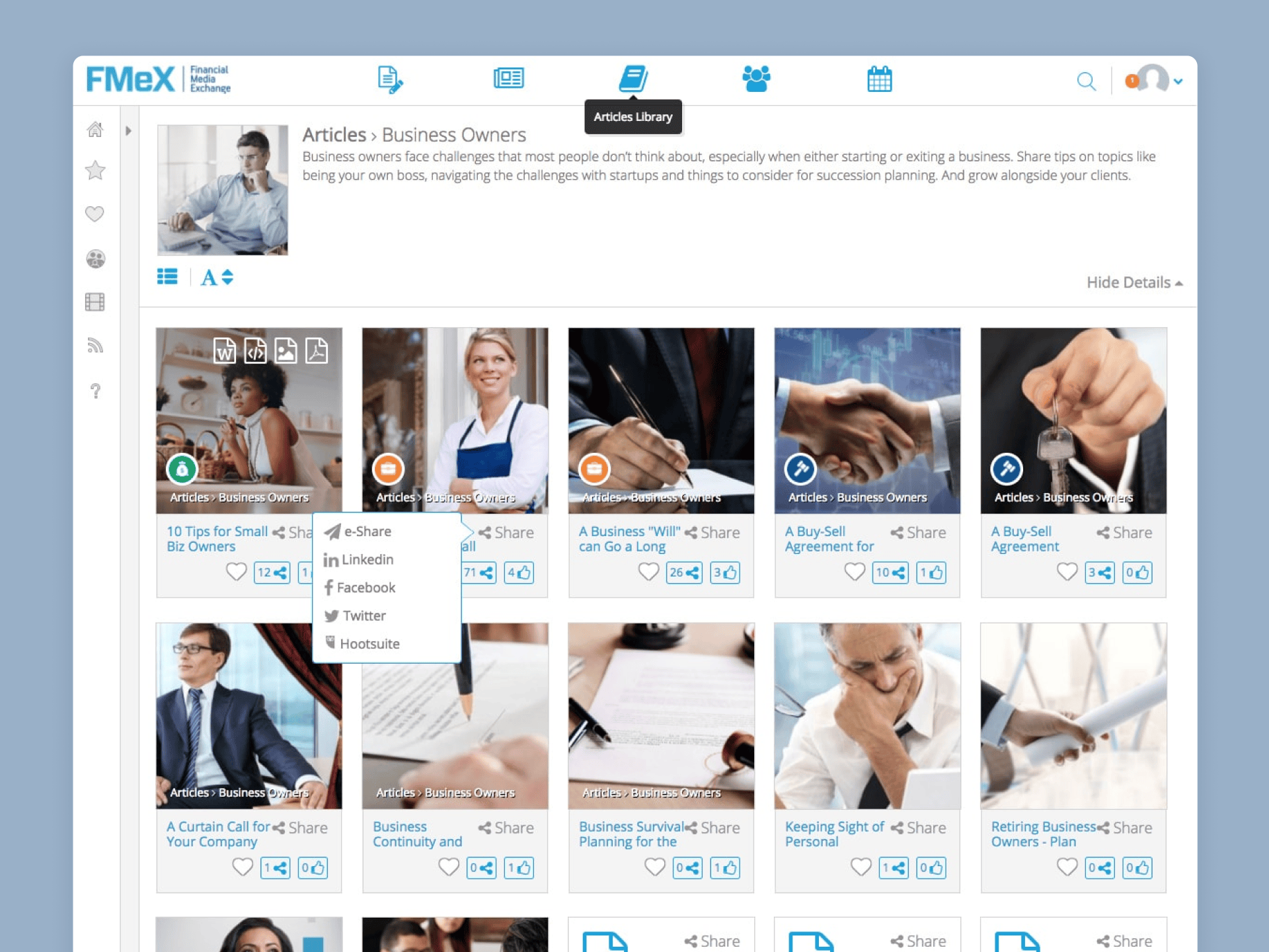 Each category, such as Retirement Planning or Tax Strategy, is designed with intuitive labeling and iconography. This structure allows users to browse curated content thematically with ease.