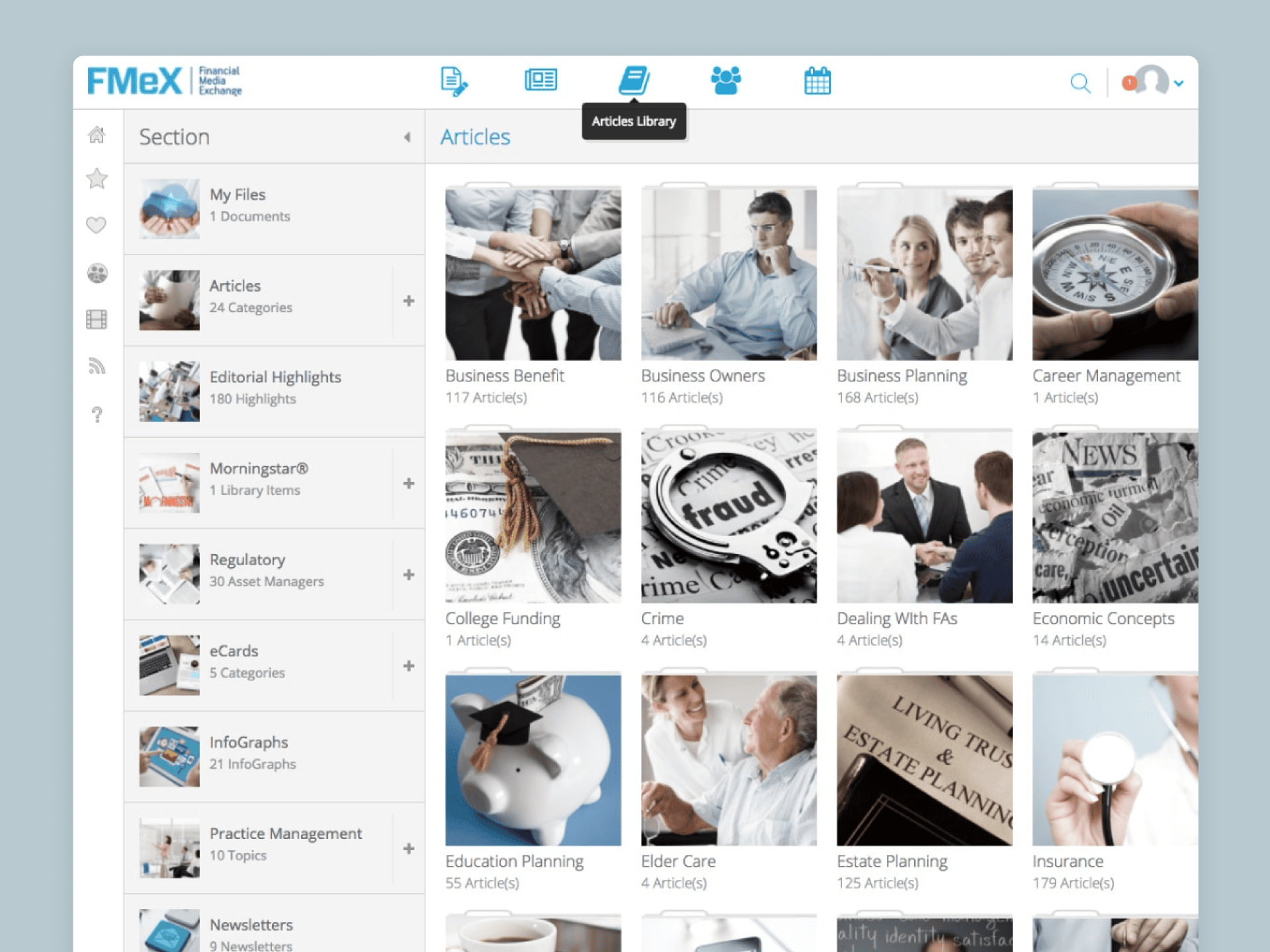 Users can access a structured and searchable library of over 5,000 articles tailored for financial professionals. Powerful filtering and sorting tools help users find exactly what they need, fast.