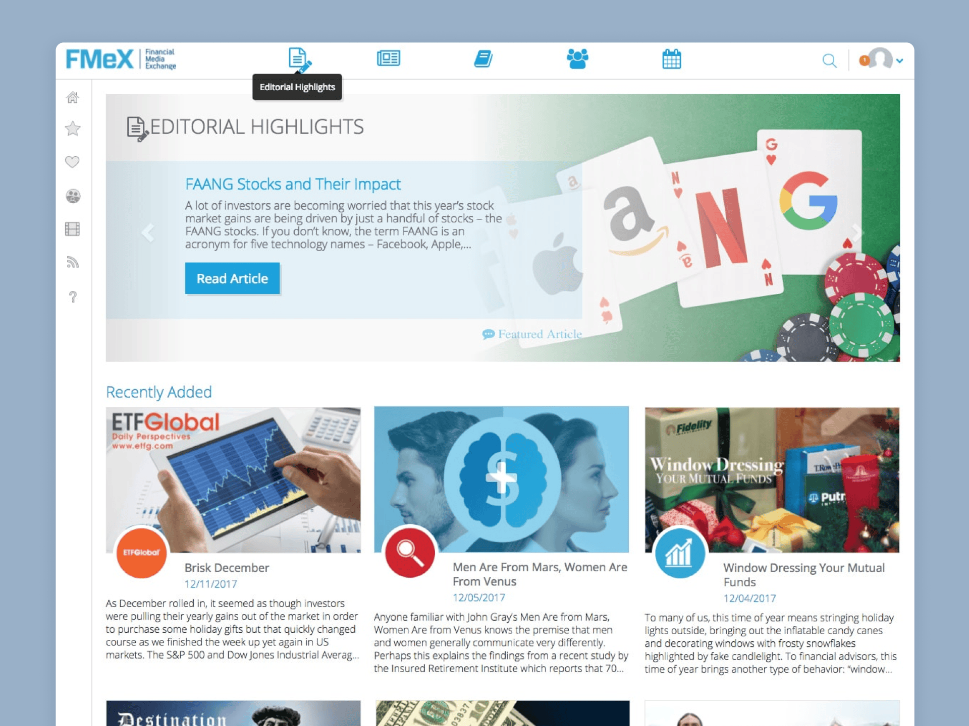 This feature showcases trending and editor-picked content, helping advisors stay ahead of timely topics. Visual cues and badges highlight new or high-performing pieces.