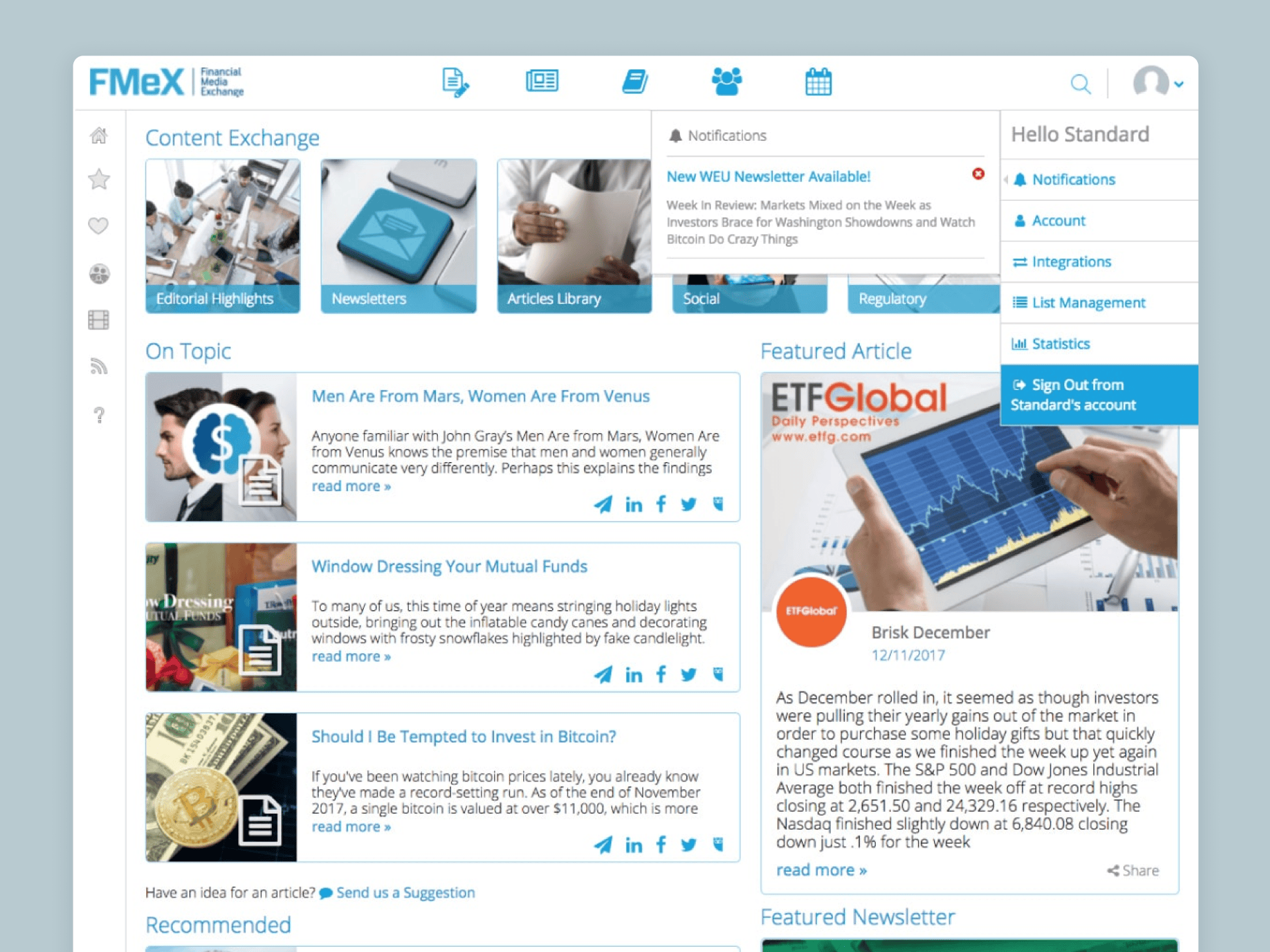 The dashboard offers users a high-level snapshot of recently added content, favorite articles, and performance metrics. It acts as the central hub for navigation across all app features.
