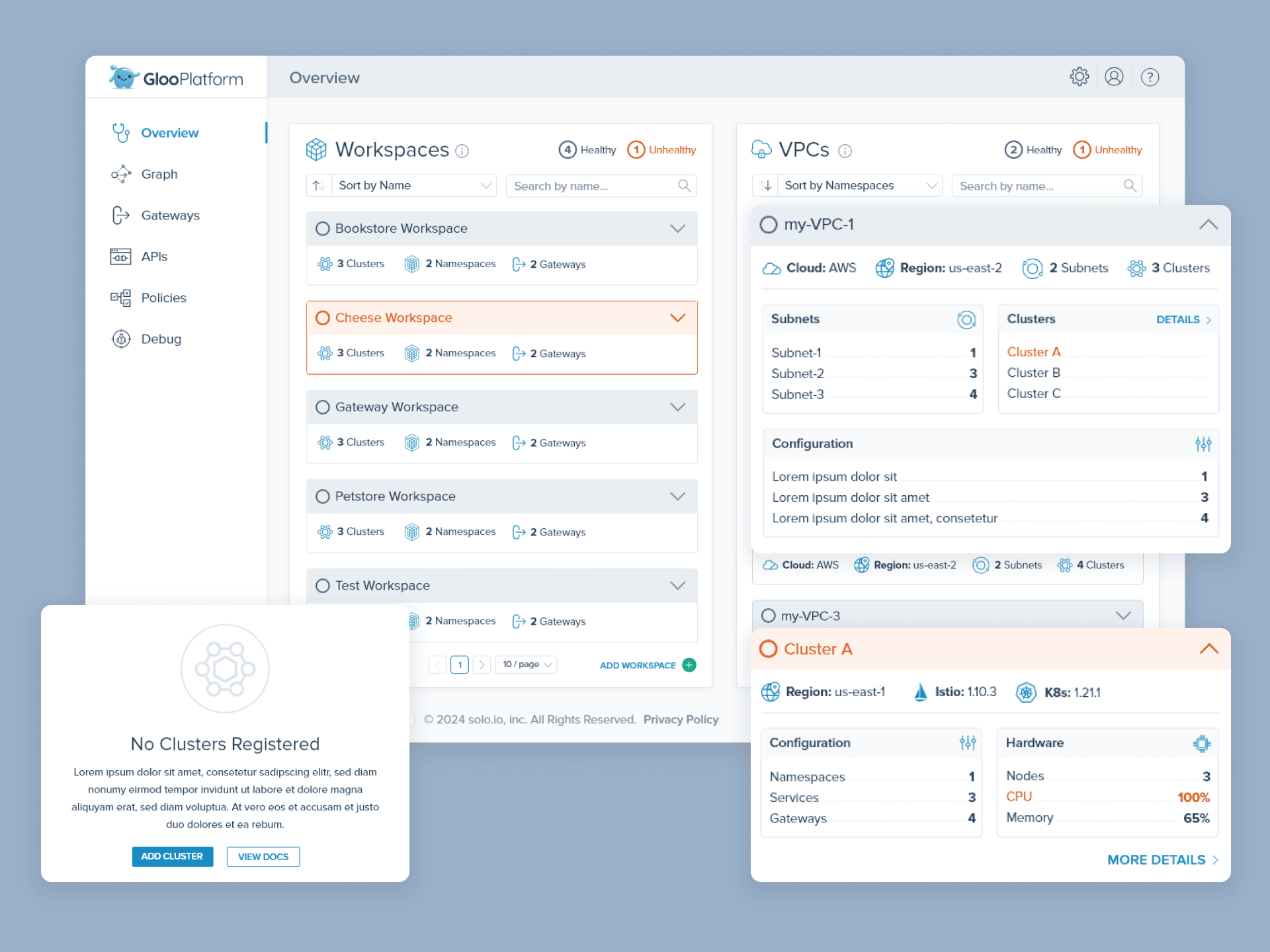 The overview screen provides users with a unified view of their workspaces and associated virtual private clusters. It was designed to simplify navigation and foster cross-team collaboration by clearly organizing environments and configurations.
