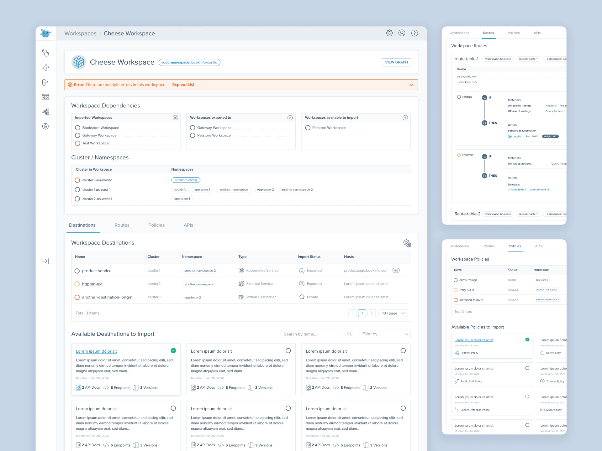 The workspaces interface enables users to segment and manage services based on teams, applications, or environments. Each workspace includes contextual controls and visual cues to ensure users can operate independently while maintaining governance standards.